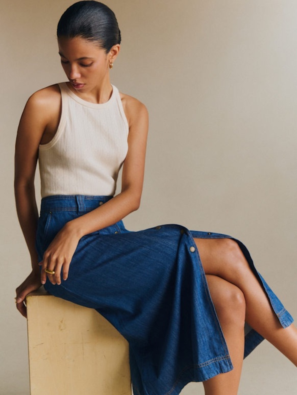 Sezane Clarine Midi Skirt Denim Button Front A Line Cotton Blue Size Small 36 - Picture 6 of 11